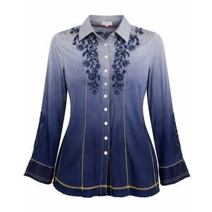 3J Workshop Boston Proper Blue Ombré Embroidered Boho Blouse Button Front Top- S